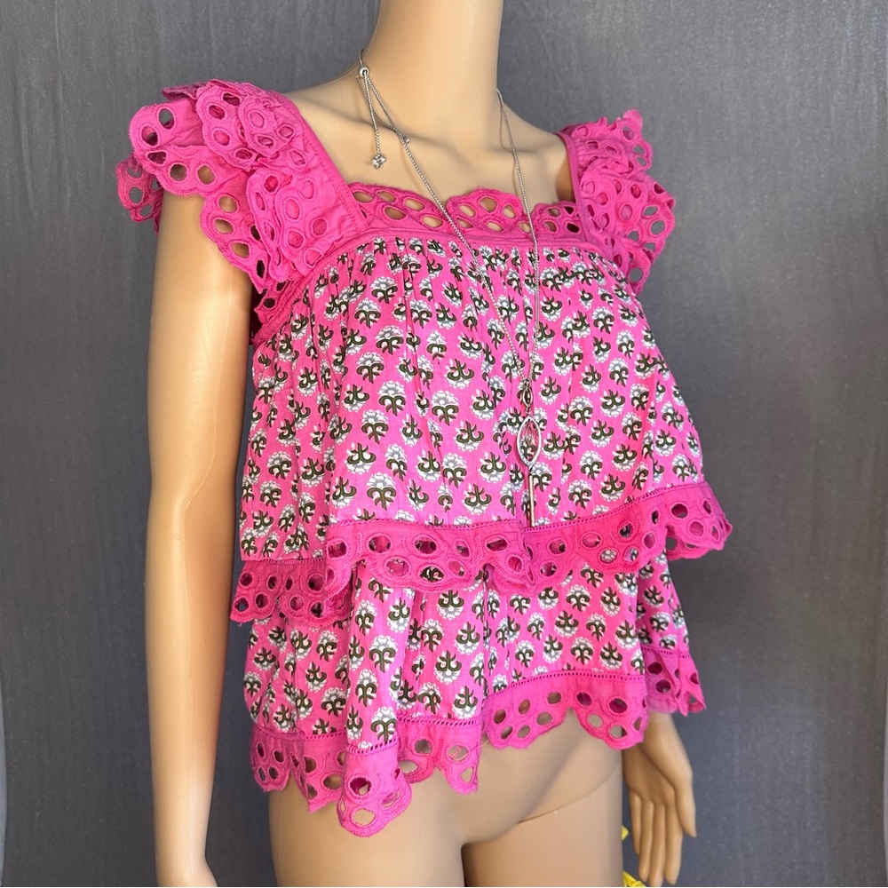 NWT Amaaya Boho chic tiered eyelet cotton embroidery summer Barbie top Small hot